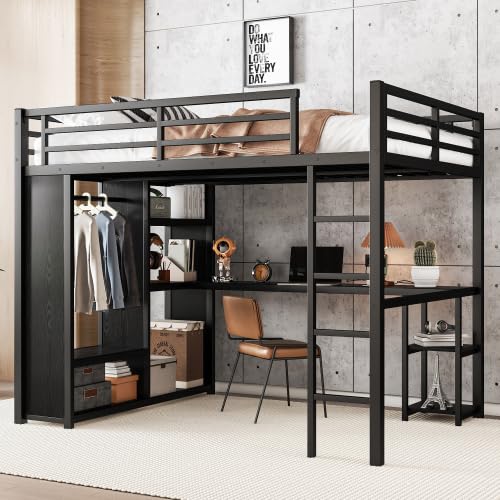 Metal Loft Bed with Wardrobe and L-Shaped Desk, Full Size Loft Bed with Storage Cubes and Shelves, Heavy Duty Loft Bed for Kids Teens, White