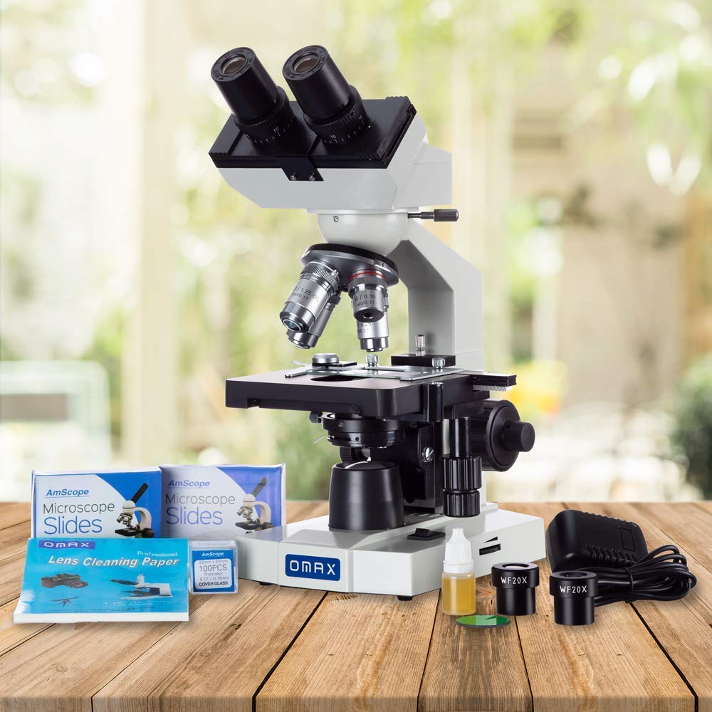 OMAX 40X-2000X LED Binocular Compound Lab Microscope w/ Double Layer Mechanical Stage + Blank Slides, Cover Slips, & Lens Cleaning Paper