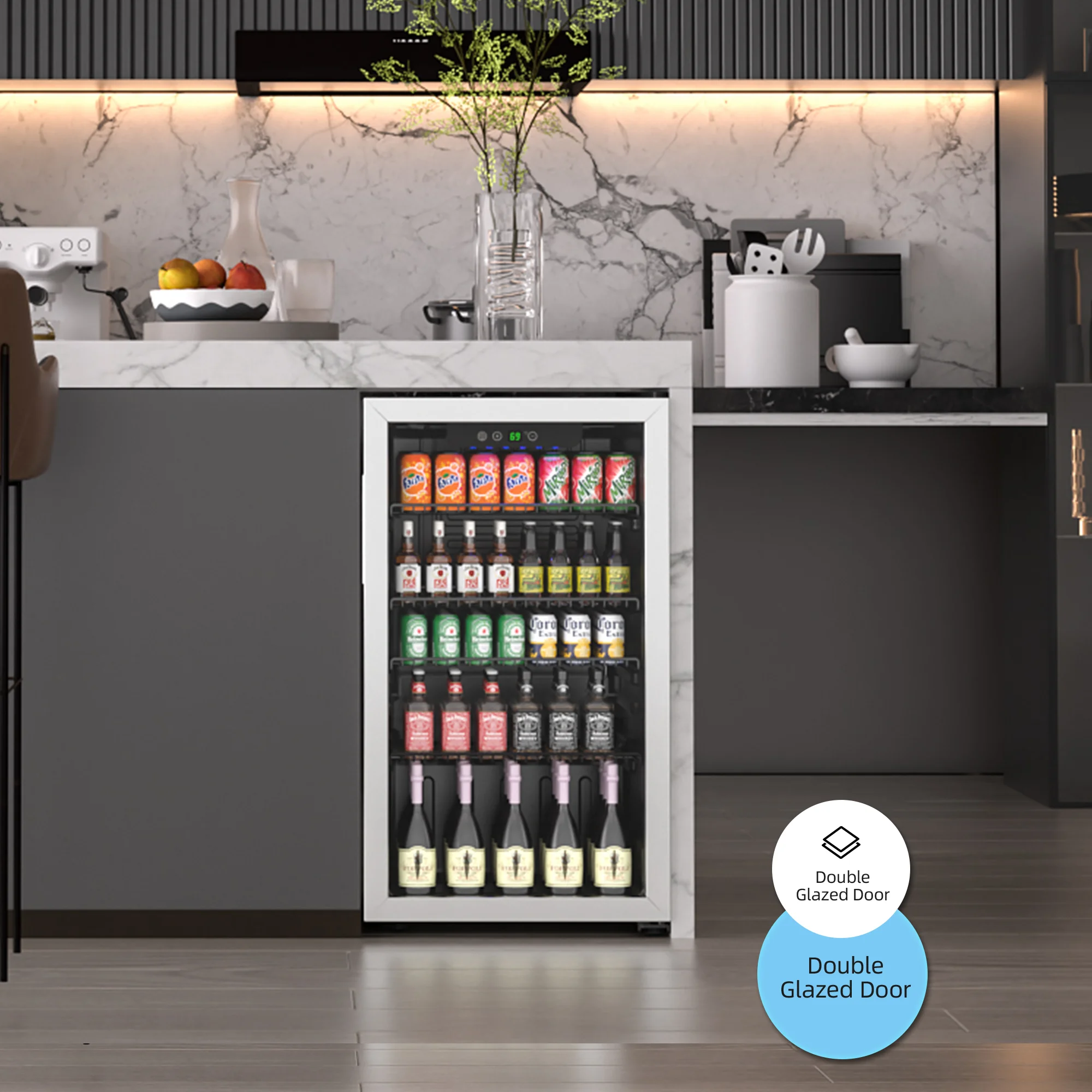 Erivess Compact Freestanding Beverage Refrigerator,126Can/3.2Cubic Feet Fridge with Glass Front Door for Soda, Beer or Wine