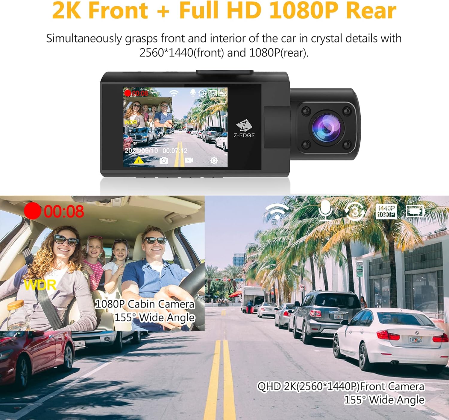 WiFi Dash Cam, Z-Edge New Version Z3Pro Dash Cam Front and Inside, 2K+1080P Front and Inside Dual Dash Cam, Car Camera, IR Night Vision, Parking Mode