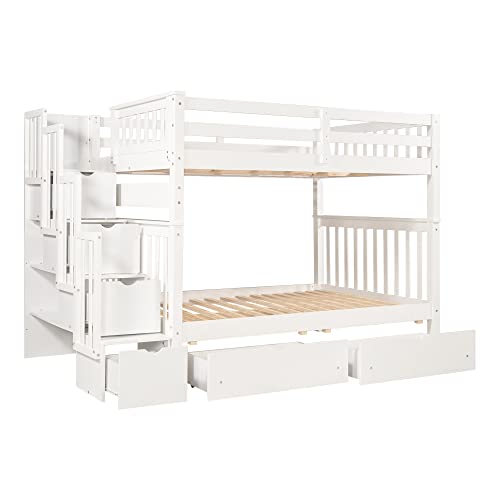 Ball & Cast Twin-Over-Twin Bunk Bed with Twin-Size Trundle and 3 Storage Stairs,Wood Bunkbed w/Full-Length Guardrails,Slat Support
