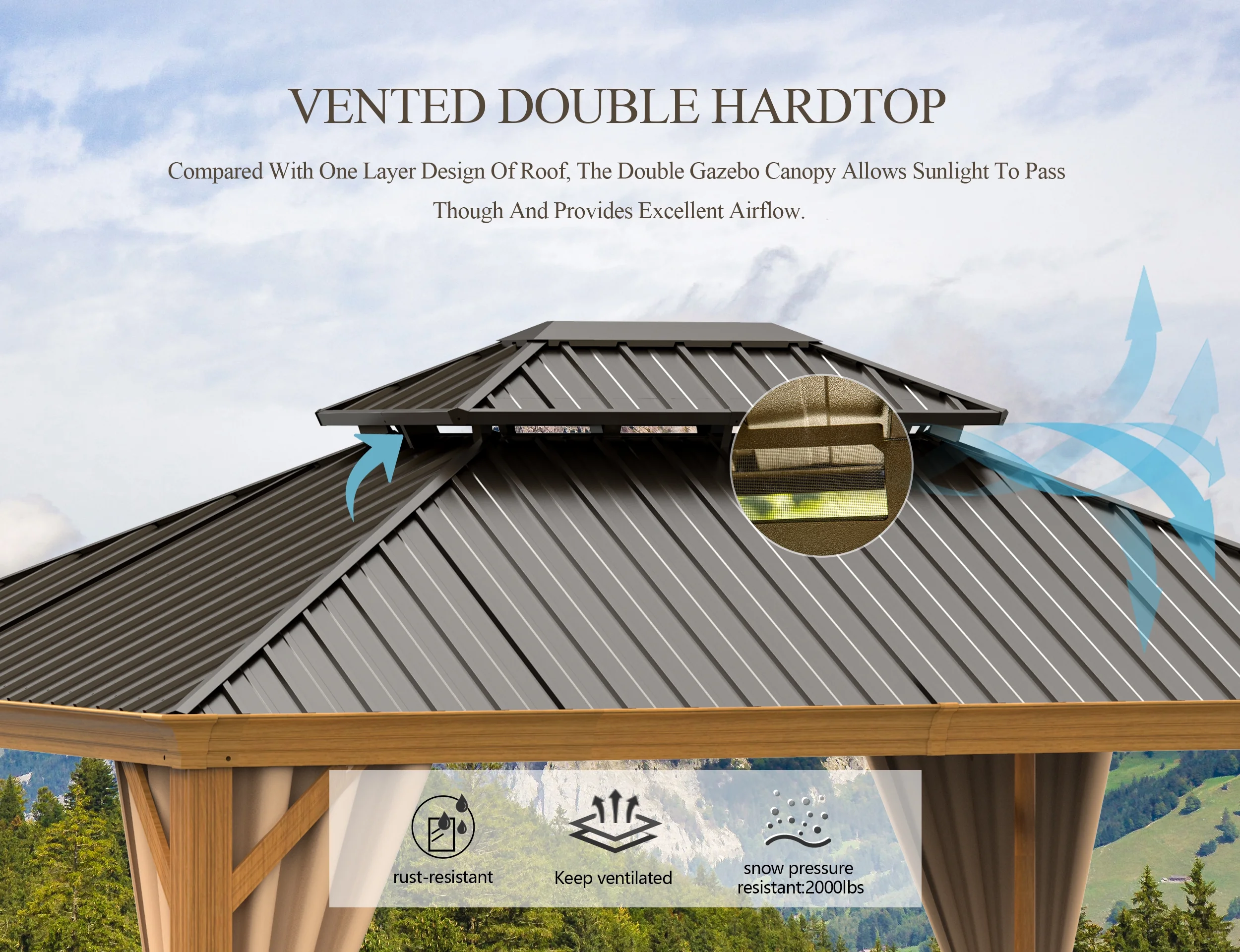 Domi 12'x14' Outdoor Hardtop Gazebo Aluminum Permanent Canopy with Galvanized Steel Roof Curtains and Netting for Patios Backyard Lawns Garden