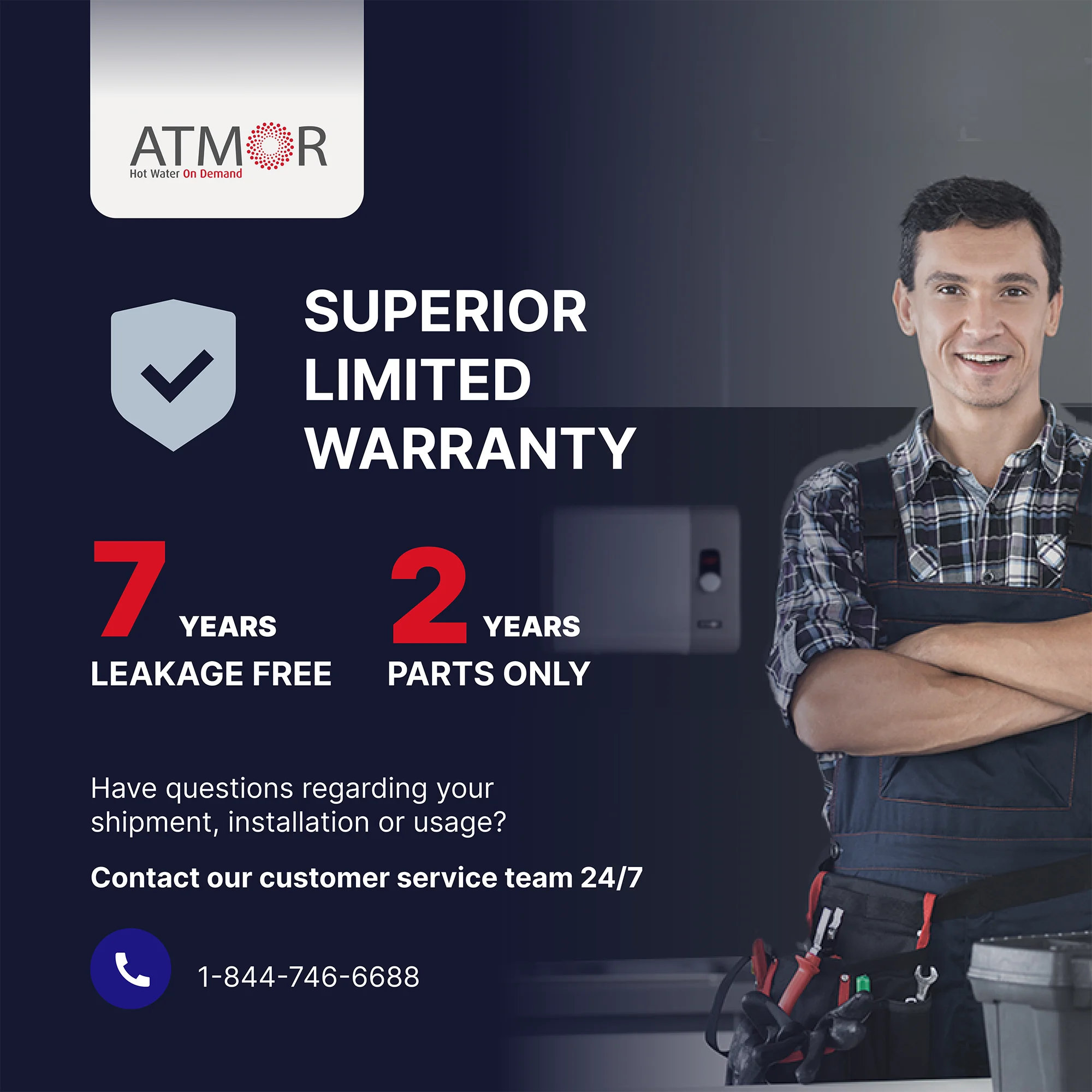 Atmor 29kW 5.4 GPM Electric Tankless Water Heater, ideal for 3 bedroom home, up to 6 simultaneous applications