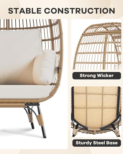 Oversized Wicker Egg Chair Outdoor, Patio Lounge Chair with Ultra Luxury Cushions & Steel Frame, 350LBs Capacity Egg Chair Indoor Outdoor for Balcony