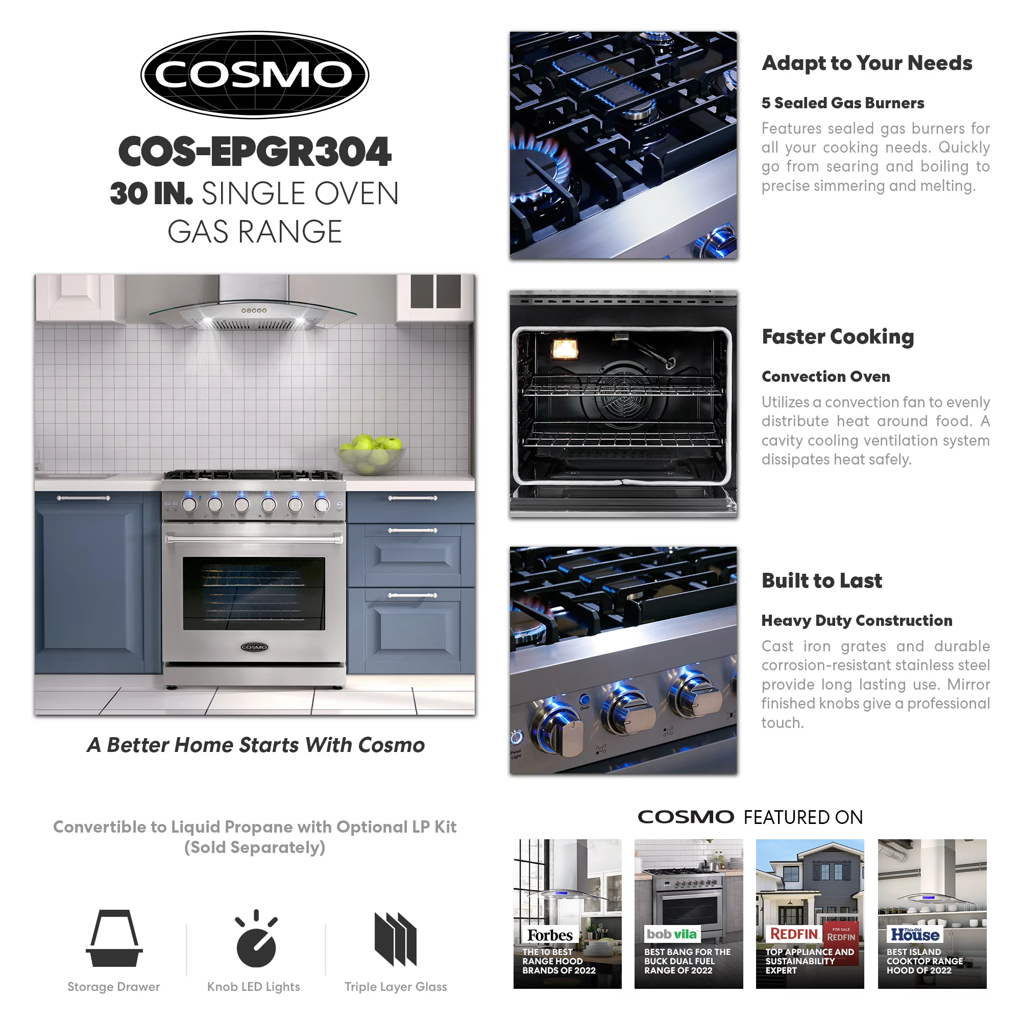 Cosmo 30 Inch 4.5 Cubic Foot Gas Range Convection Oven with 5 Italian Burners
