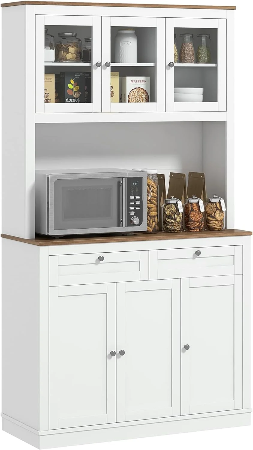 71" Tall Kitchen Pantry Storage Cabinet with Microwave Stand, Freestanding Buffet with Hutch, 2 Drawers, 5 Doors