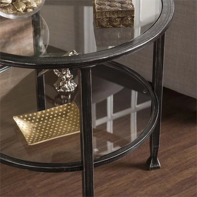 Home Square Jaymes Round Glass Top Metal End Table in Black - Set of 2