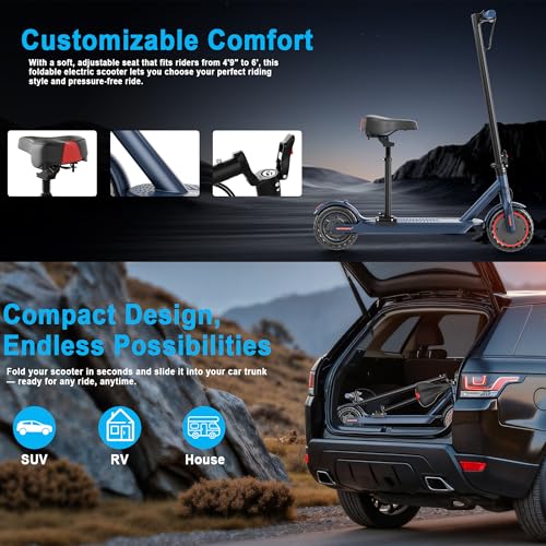 Electric Scooter for Adults with Seat, Folding Commuter E Scooter with 350W Motor, 19MPH Speed, 21 Miles Long Range, Dual Brakes, App Control