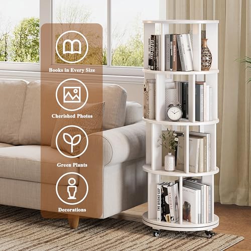 6 Tier Rotating Bookshelf Tower Spinning Bookshelf with Swivel Wheels Book Shelf Rotating Storage Tower for Kids Adult Narrow Walnut Solid Wood