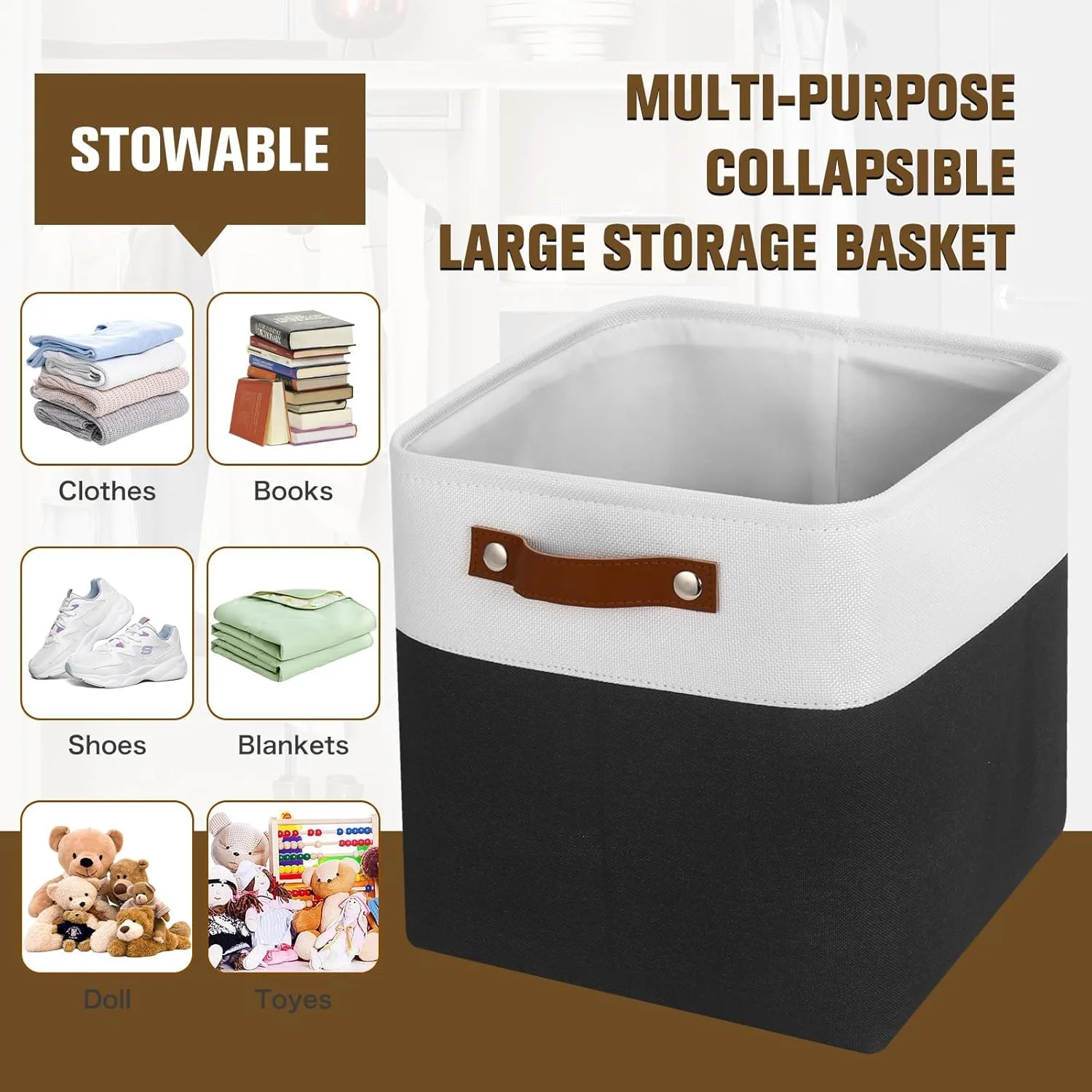 6 Pack Foldable Cube Storage Baskets 11x11 Inch with Leather Handles for Nursery, Closet &amp; Home Organization