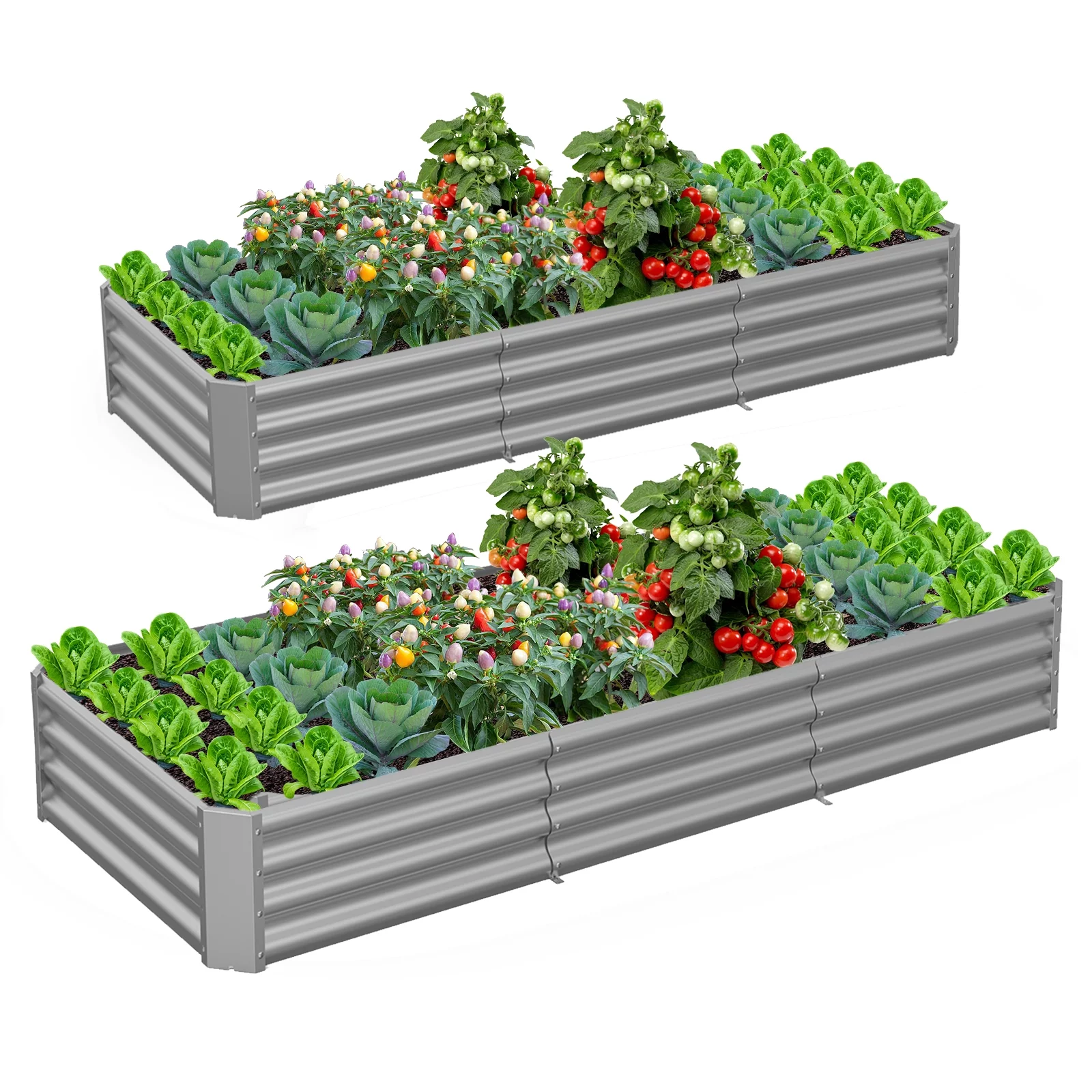 TRAMULL 2 Pack 8x3x1ft Metal Galvanized Raised Garden Bed for Vegetables Flowers Ground Planter Box (Gray) - Radiant Selections