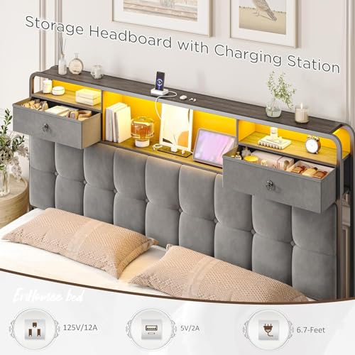 EnHomee King Size Bed Frame with 4 Storage Drawers King Bed Frame with Headboard Built in Charging Station and LED Lights, No Noise