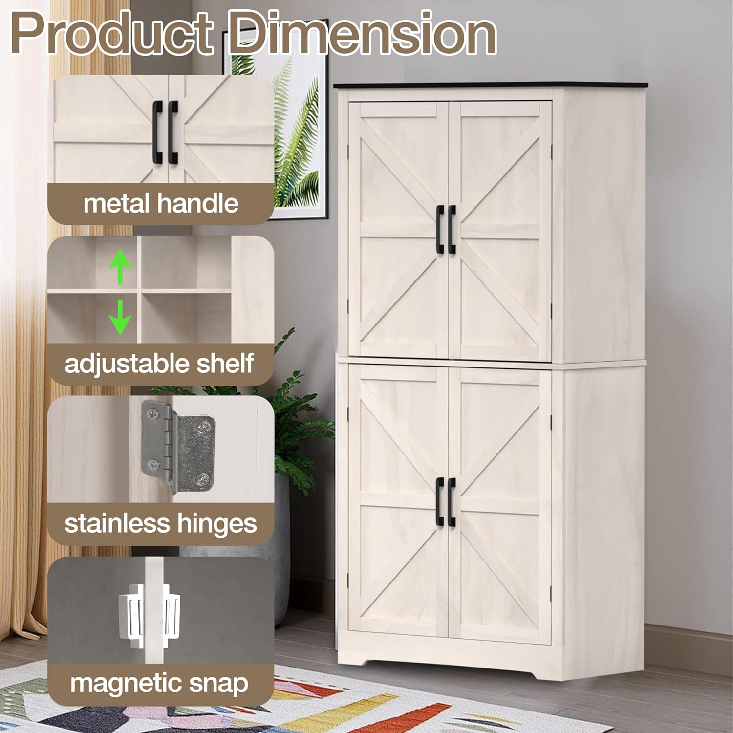 63'' Farmhouse Kitchen Pantry Cabinet, Grey Food Storage Cabinet with 4 Doors and Shelves, Freestanding Pantry Cupboard for Kitchen, Dining Room