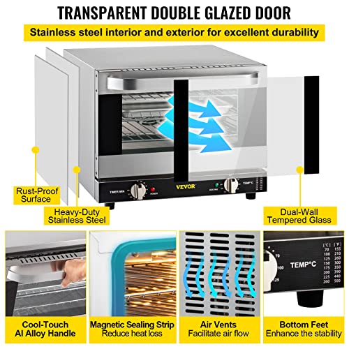 VEVOR Commercial Convection Oven, Conventional Oven Countertop, Toaster w/Front Glass Door, Electric Baking Oven w/Trays Wire Racks Clip Gloves, 120V