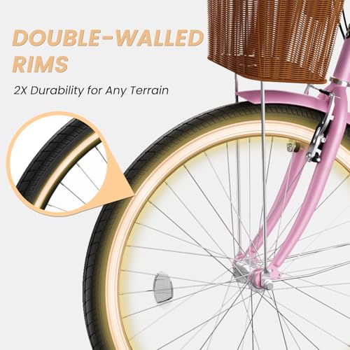 MOONCOOL Womens Bike 7 Speed, 24 26 inch Beach Cruiser Bikes for Women, Step Through Adult Bicycle with Front Basket for City Commuting