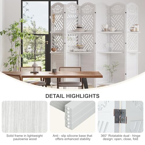 Room Divider with Shelves, 5.75ft Tall Folding Wood Carved Screen with Double Hinges for Home Office Bedroom Hotel Decoration (6 Panels, Natural)