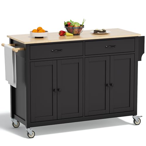 Rovibek Kitchen Island with Drawers 53 in Rolling Island Cart Mobile Solid Wood Portable Islands on Wheels with Storage Cabinet & Drawers, White