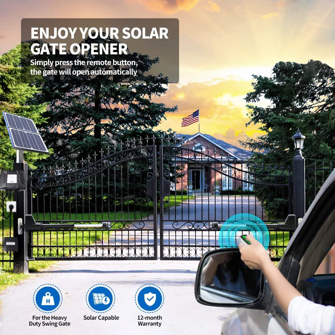 TOPENS AT12132S Solar Dual Swing Gate Opener Heavy Duty Automatic Gate Motor for Double Swing Gates Up to 18ft per Arm
