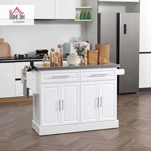 HOMCOM Rolling Kitchen Island Cart with Wheels, Portable Island Table for Kitchen with Stainless Steel Top, Adjustable Shelves, 2 Drawers, Spice