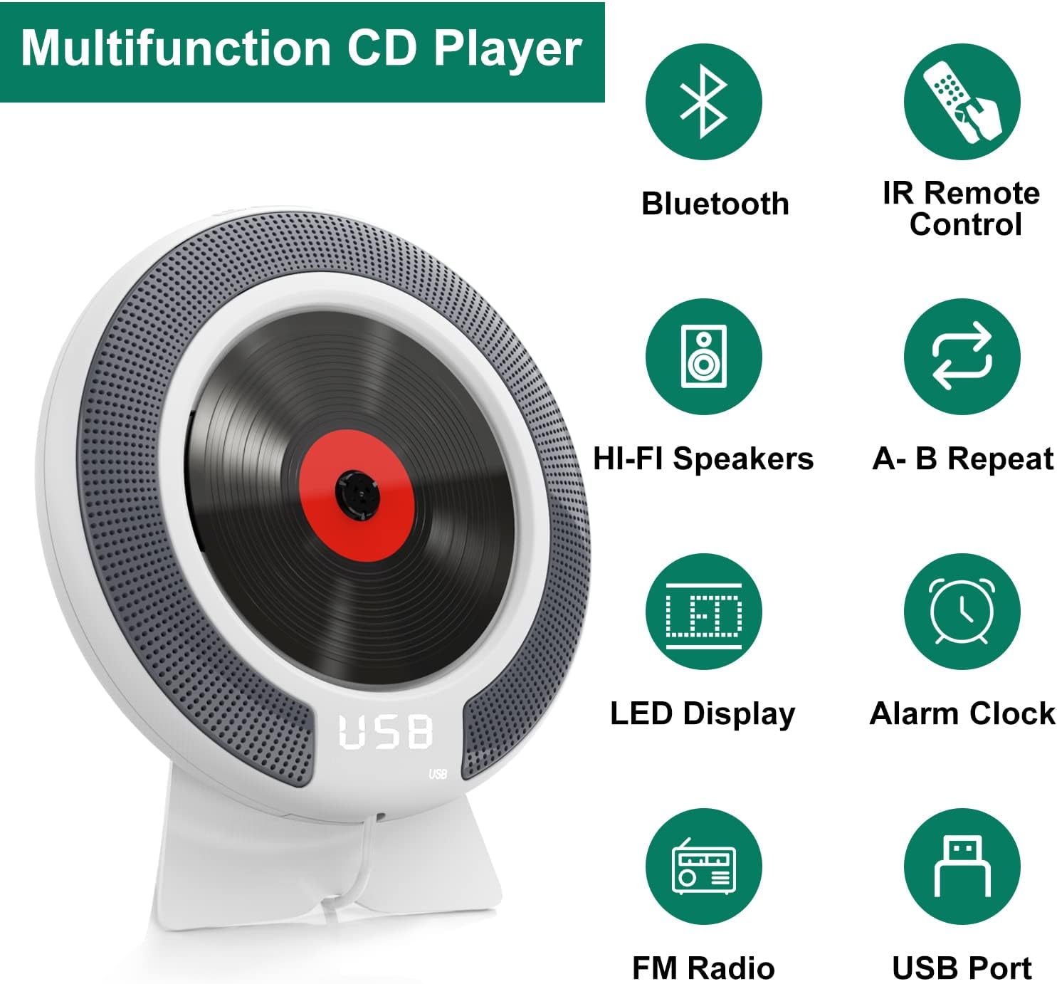 Portable CD Player with Speakers,Wall Mounted Bluetooth CD Player with Remote Control & FM Radio for Home,Car CD Player with AUX Jack