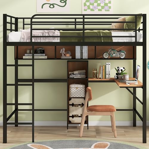 Harper & Bright Designs Twin Size Metal Loft Bed with Desk, Ladder and Guardrails, for Kids Teens Adults – Silver