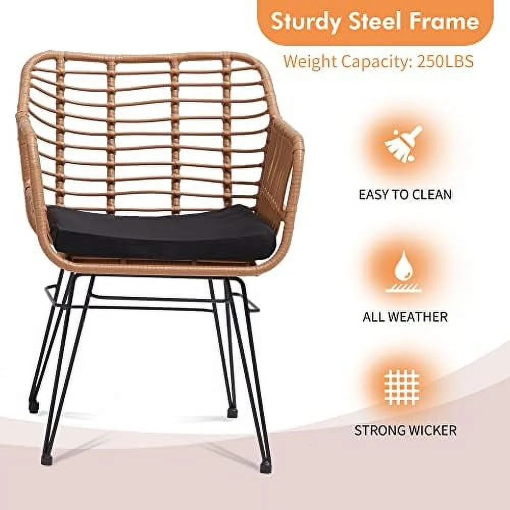 KHBIULIFE 3 Pieces Wicker Patio Bistro  Set  Includes 2 Chairs and Glass Top Table  Ideal for Porch  Outdoor  Backyard  Apartment  Balcony Black Color
