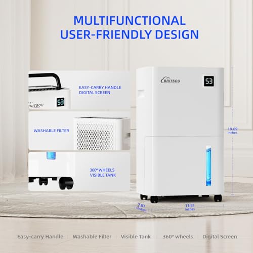 50 Pints Dehumidifier for Basement, Britsou Dehumidifiers for Home with Drain Hose - Quiet Smart Dehumidifier with 3 Modes, 24 Hr Timer