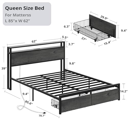 LIKIMIO King Bed Frame with Storage Headboard, Platform Bed with Drawers and Charging Station, No Box Spring Needed, Easy Assembly, Vintage Brown