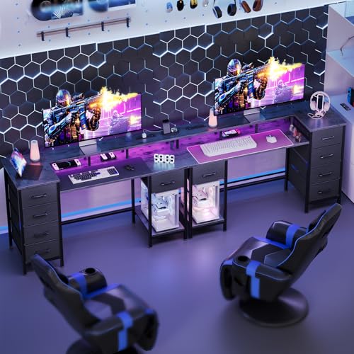 47 Inch Computer Gaming Desk with Power Outlets LED Lights Reversible Home Office with Adjustable Fabric Storage Drawers for Working Writing Study