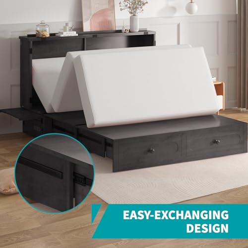 BALUS Murphy Cabinet Bed, Queen Cabinet Chest Bed with USB Charging Station, Tri-Fold Mattress