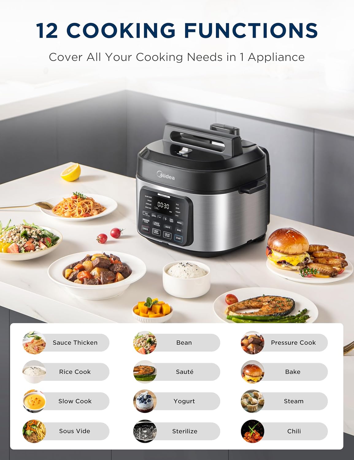 Midea WideMax 12-in-1 Electric Pressure Cooker, 6.5 Quart, 12 Presets, Multi-Functional Programmable Slow Cooker, Rice Cooker, Steamer, Sauté Pan