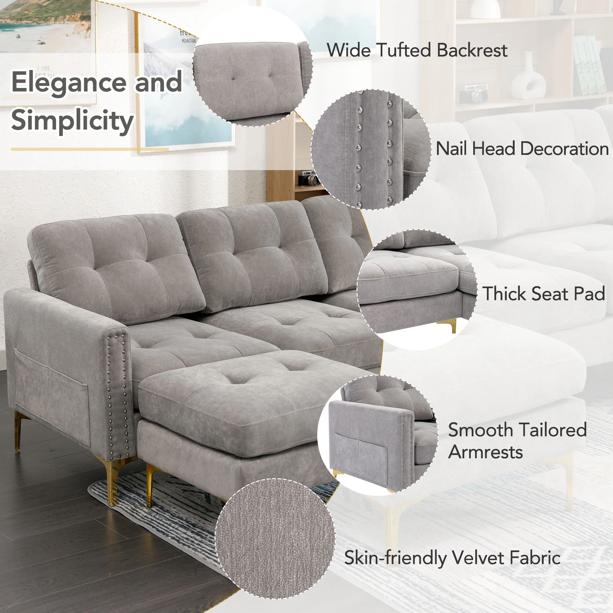 Soges U-Shaped Sectional Sofa with Ottoman, Convertible Couch for Living Room, 5 Seater Sofa, Gray, 110"x54"