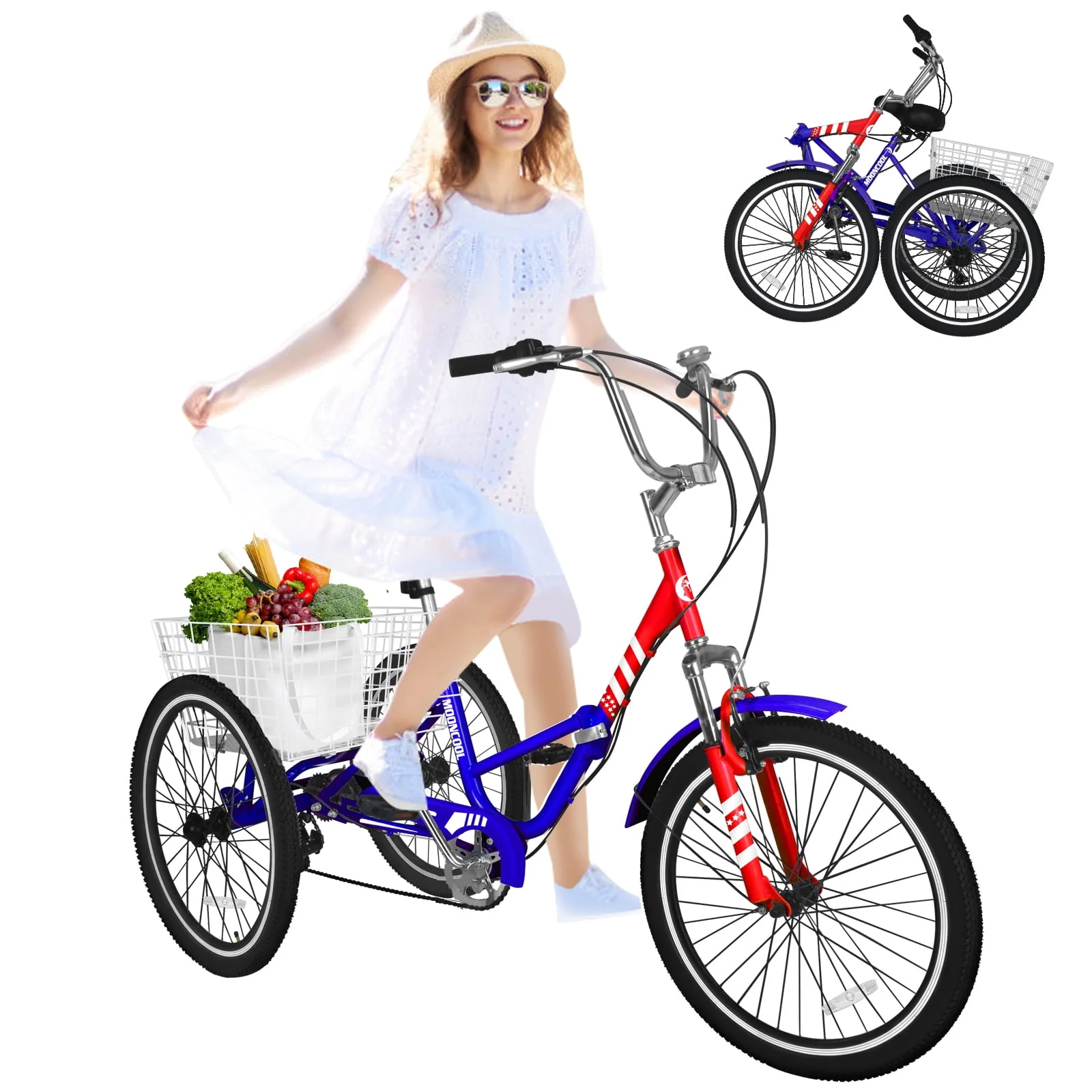 MOONCOOL Adult Folding Tricycle for Adults, 7 Speed 20/24/26 inch 3 Wheels Bikes with Basket, Foldable Tricycle for Adults, Women, Men, Seniors
