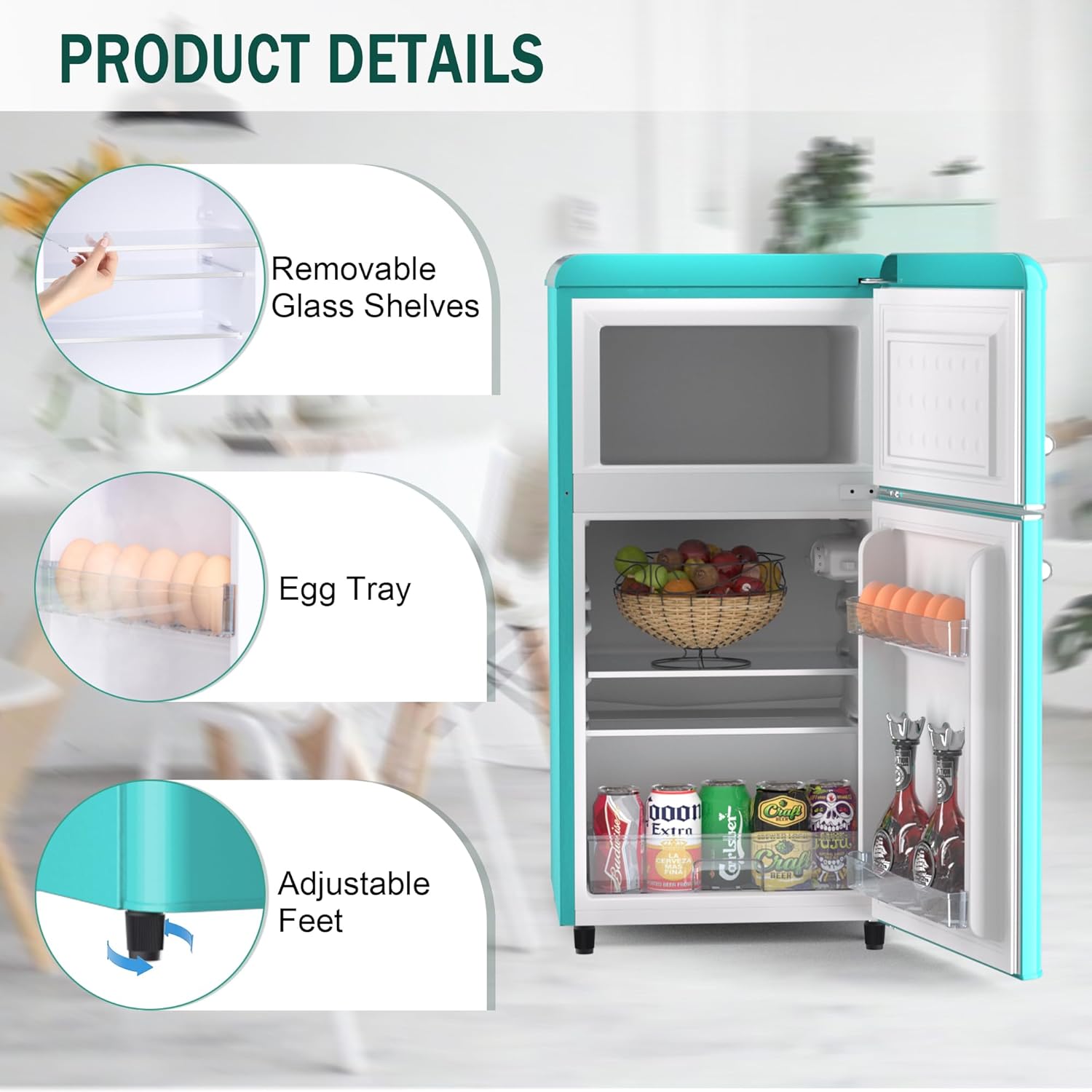 Compact Retro Fridge with Freezer for Bedroom, 4.4 Cu. Ft. Retro Mini Fridge with Separate Freezer