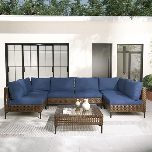 Grand patio 7-Piece Wicker Patio Furniture Set, Boho Outdoor Conversation Set Sectional Sofa with Water Resistant Thick Cushions and Coffee Table