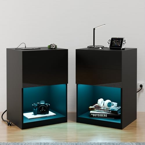 HOMMPA Set of 2 White LED Nightstand with Charging Station Side Table with Open Shelf Night Stand with Led Lights USB Ports Outlets Bedside Table End