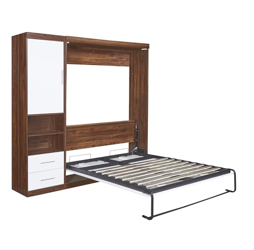 SOFTSEA Full Murphy Bed Wall Beds, Wood White Cabinet Bed 61.5” Foldable Platform Bed with Shelf for Guest Room
