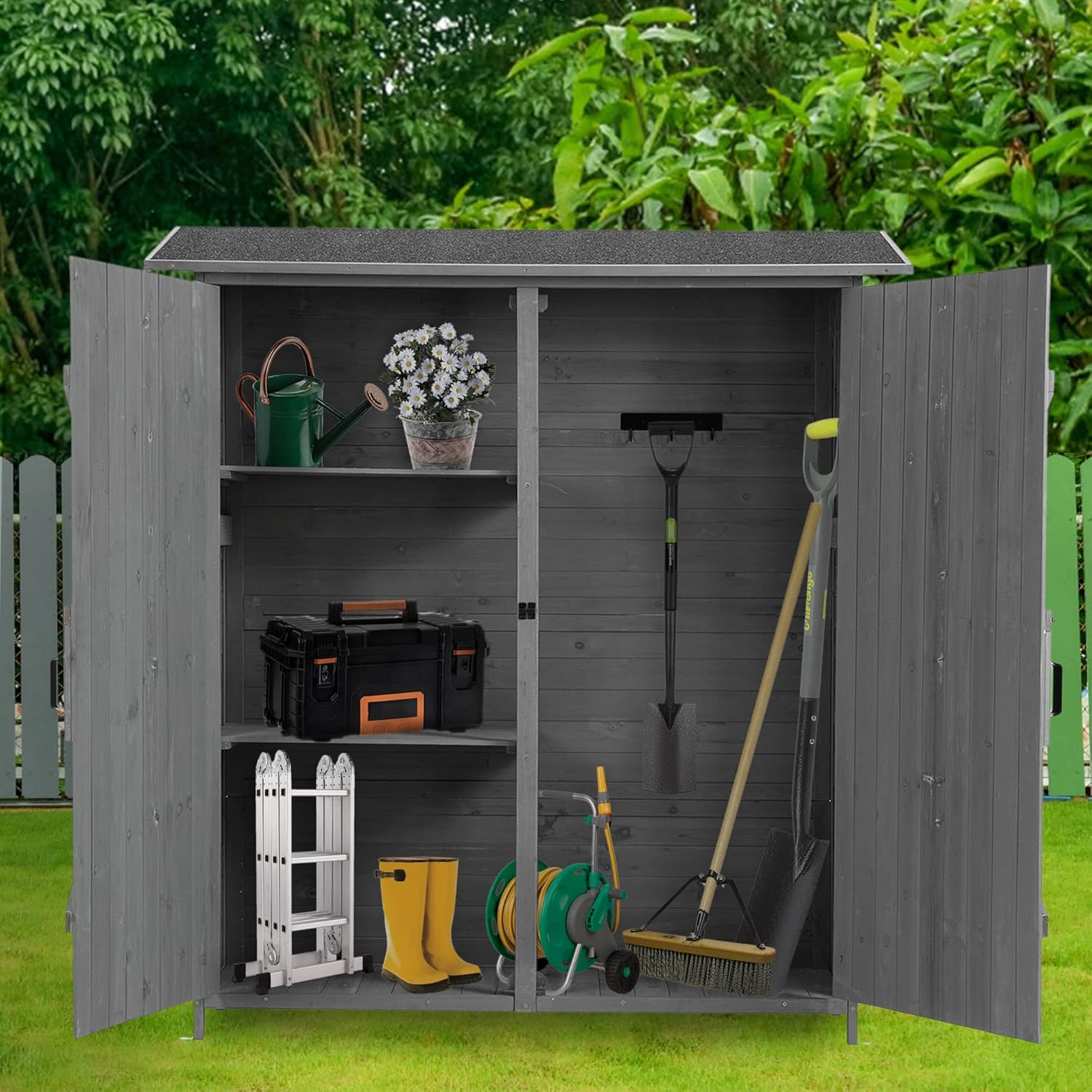 Outdoor Storage Shed, Wood Garden Cabinet with 2 Lockable Doors, 2 Adjustable Shelves & Metal Hooks, Ider for Yard Garge Patio Deck Porch
