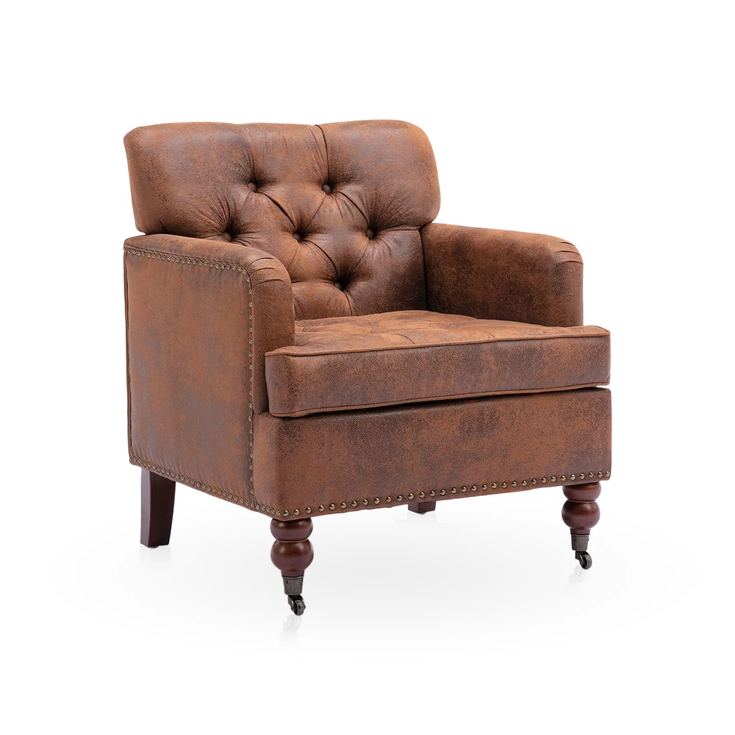 Tzicr Brown Modern Accent Chair, Button Tufted Upholstered Reading Chair with solid wood legs, Upholstered Mid Century Modern Arm Chairs for Bedroom