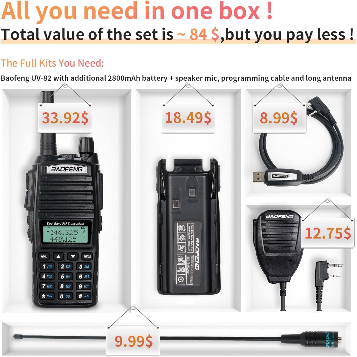 BaoFeng UV-82 High Power BaoFeng Radio Ham Radio Portable 2 Way Radio with Extra 2800mAh Battery Full Kits(1 Pack-Black) Pack of 2