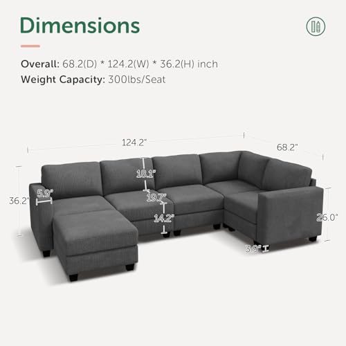 HONBAY Corduroy Modular Sectional Couch with Storage L-Shaped Sectional Couches for Living Room 6 Seater Modular Sofa, Dark Gray