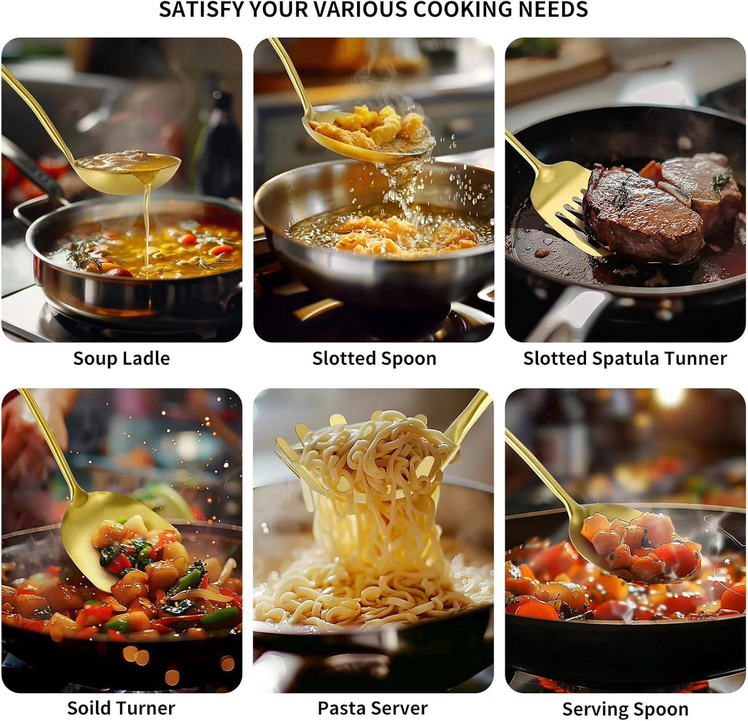 304 Stainless Steel Cooking Utensils,6 Pcs Kitchen Cooking Utensils Set with Spatula, Solid Spoon, Ladle, Skimmer, Spaghetti Spoon