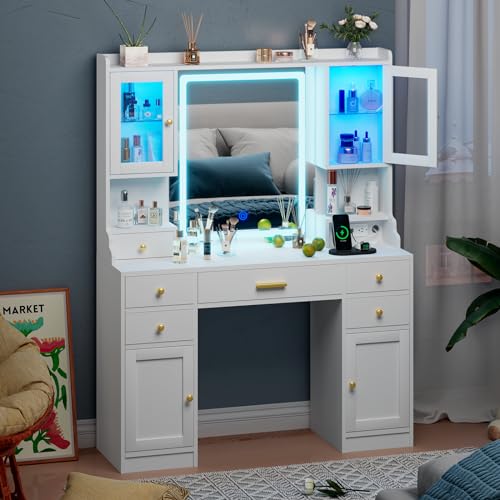 White Makeup Vanity Desk with Mirror and Lights, Large Vanity Table Set with Charging Station, Dressing Table with RGB Cabinets