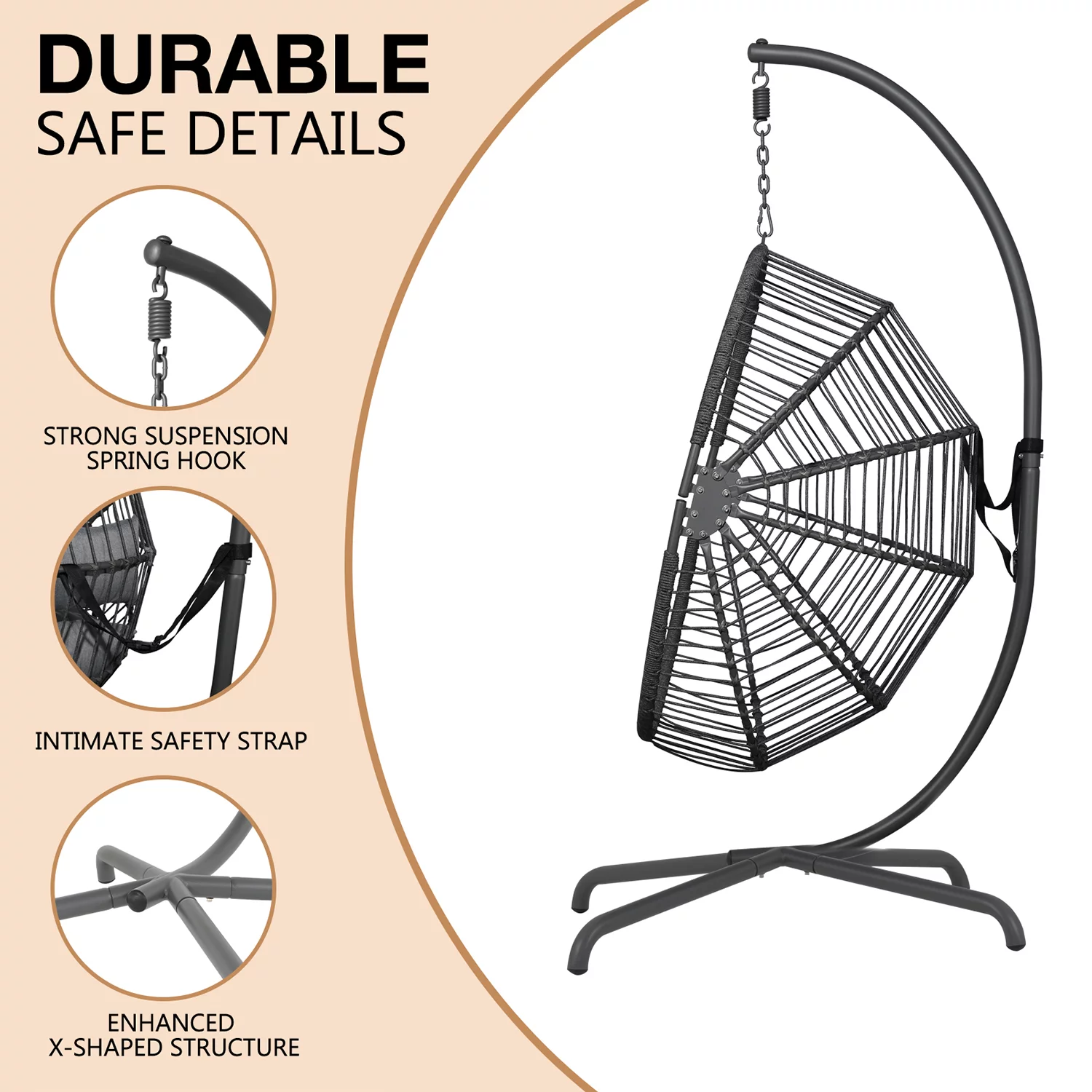 JOIVI Patio Swing Egg Chair with Stand, Oversized Cocoon-Shaped Hammock Chair with Cushion, Dark Gray