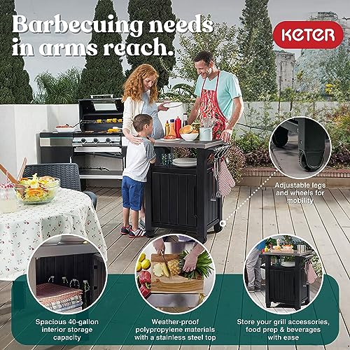 Keter Outdoor Rolling Table Cart for Food Prep, Storage, Bar & Grill, Dark Brown - Portable Kitchen Island Tabletop with Wheels for Drinks, Snacks