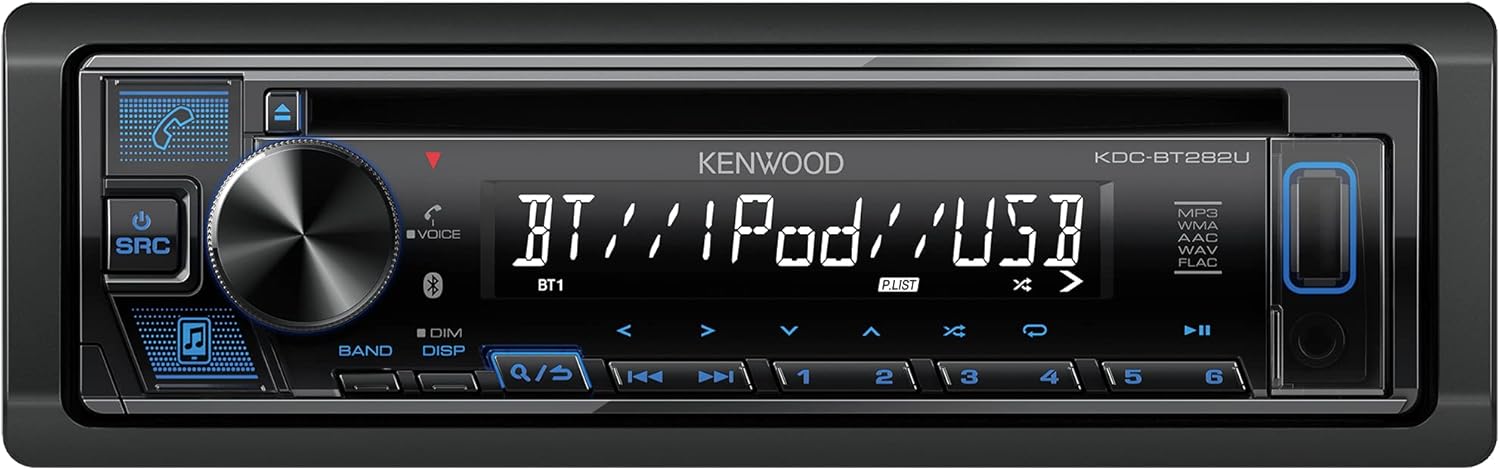 KENWOOD KDC-BT282U CD Car Stereo - Single Din, Bluetooth Audio, USB MP3, FLAC, Aux in, AM FM Radio