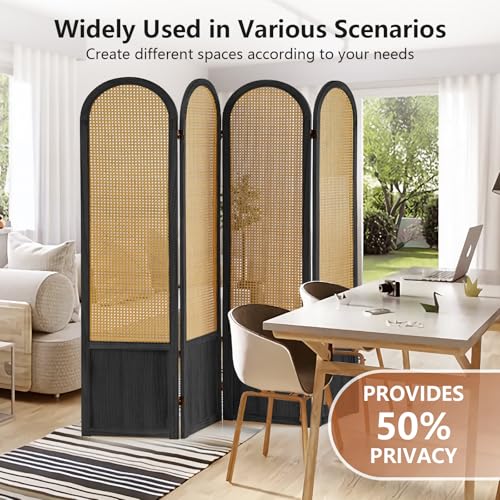 Room Divider 4 Panel, Folding Privacy Screen, Foldable Wood Divider Room Dec, Rattan Room Divider, Portable Partition Screen
