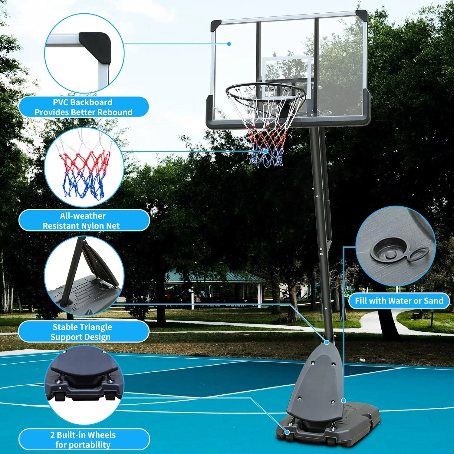 GIKPAL 44" Portable Basketball Hoop System,Height Adjustable 7.5-10FT with 44" shatterproof Backboard for Kids/Adults Indoor Outdoor with Wheels