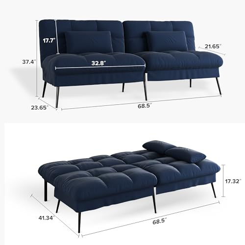 COMHOMA Convertible Futon Sofa Bed, 68″Fabric Futon Couch with Adjustable Backrest, Folding Futon Sleeper Recliner for Living Room Furniture (Black)
