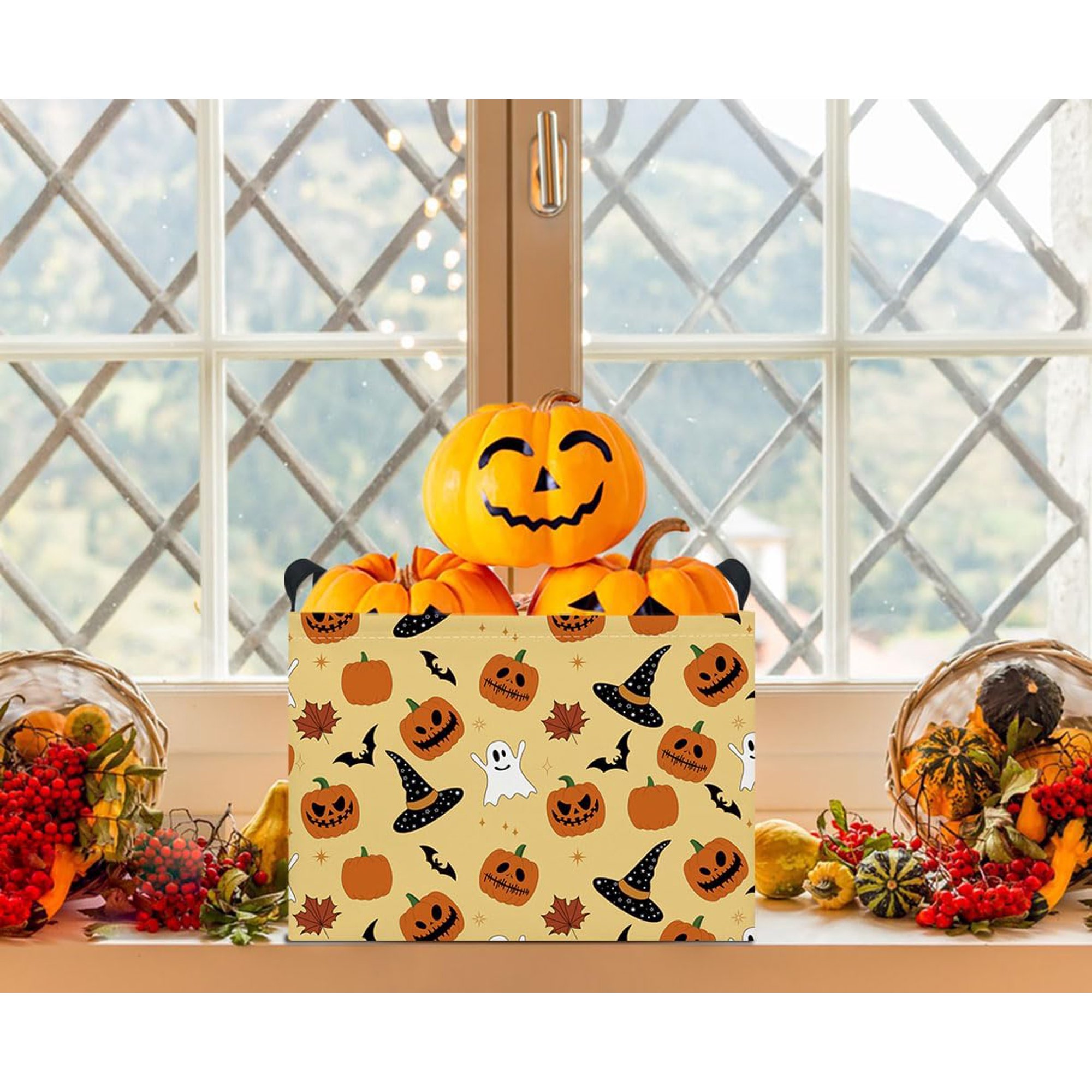 Rectangle Storage Basket with Handles,Collapsible Storage Bin,Books Box,Gift Basket(Pumpkin Halloween)